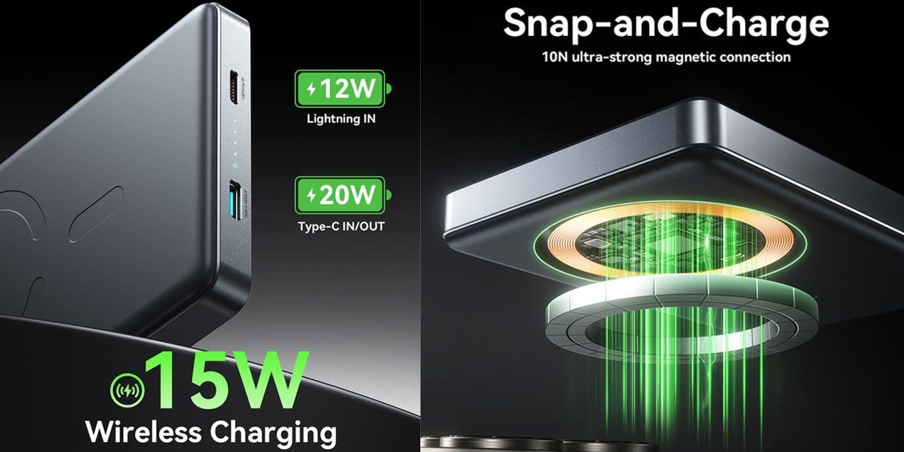 10000 mAh 20W Ultra-thin Metal Magnetic Wireless Type-C & Lighnting Power Bank Fast Charging Wireless Magnetic Power Bank Including a Type-C to Type-C 60W 0.25m Grey