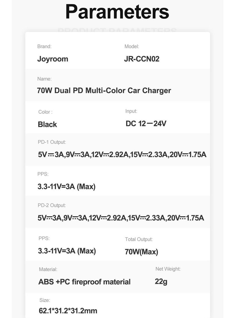JR-CCN02 70W Dual PD Multi-Color Car Charger with Light Button- Black