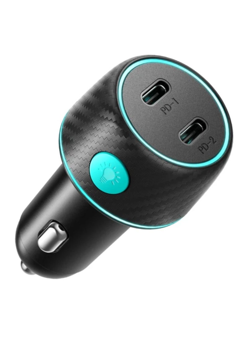 JR-CCN02 70W Dual PD Multi-Color Car Charger with Light Button- Black