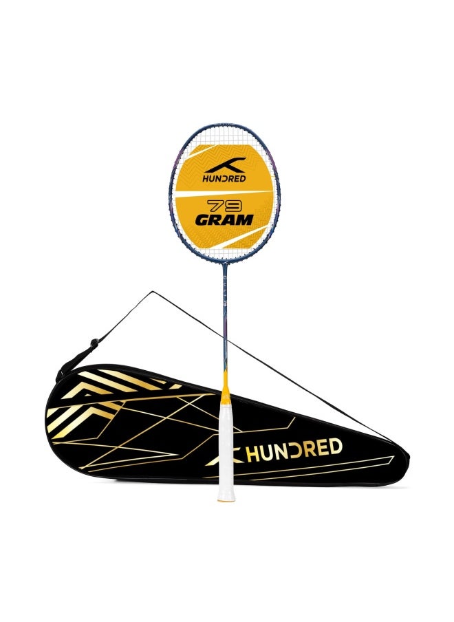 Cult 79 Feather Lite Carbon Fibre Strung Badminton Racket With Full Racket Cover For Intermediate Players (Navy/Light Gold) (79G, Max Tension - 32Lbs)