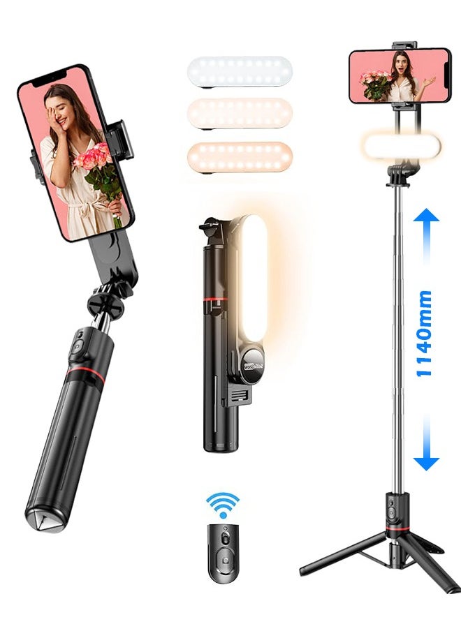 44.88 Inches Selfie Stick Tripod for phone, All-in-1 Phone Tripod Stand with Rechargeable Bluetooth Remote,Removable fill light,Compatible with iPhone and Android Smartphones,Lightweight Tripod for for Selfies/Live/Video Recording/Travel