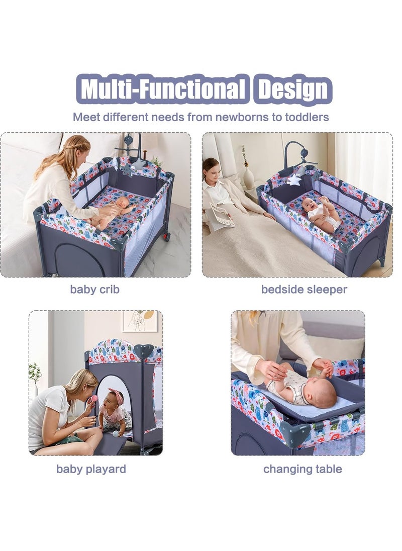 4-in-1 Pack and Play with Bassinet for Baby,Folding Crib,Travel Crib Diaper Changer Playard,Multifunctional Baby Bed for Toddler,Portable Baby Playpen