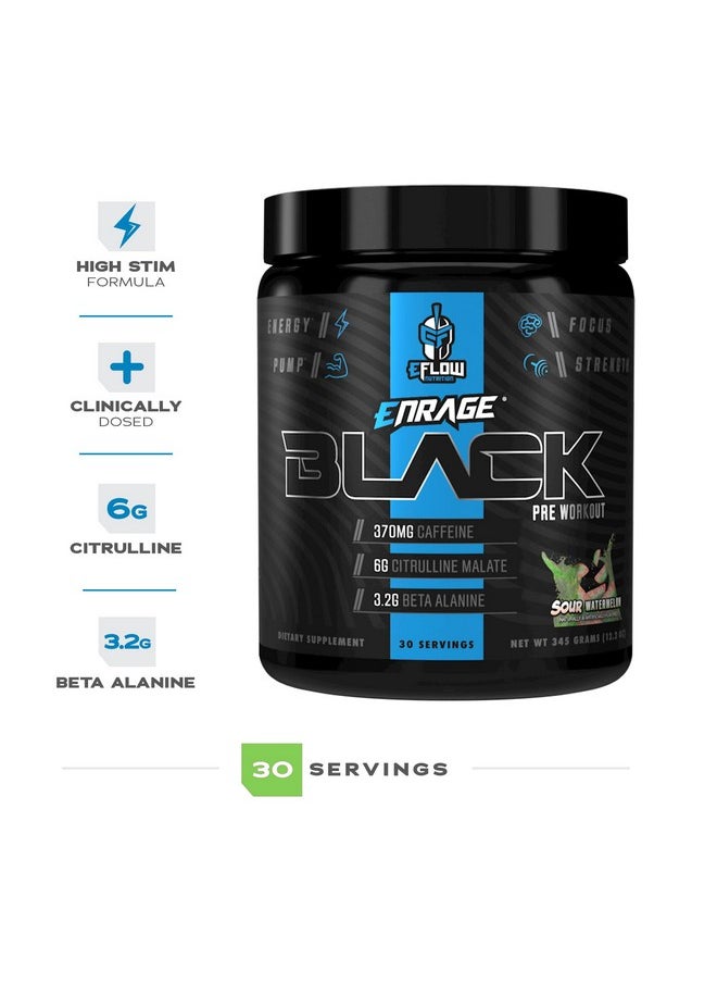 eFlow Nutrition Enrage Black High Stimulant Pre Workout Supplement - Preworkout Powder to Boost Energy, Pumps and Strength - 4 Flavors (30 Servings) (Sour Watermelon)