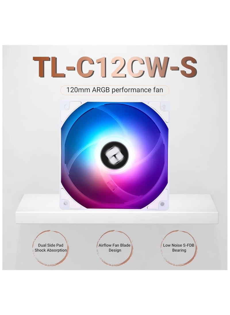 TL-C12CW-S CPU Fan 120mm White ARGB Case Cooler Fan, 4pin PWM Silent Computer Fan with S-FDB Bearing Included, up to 1550RPM Cooling Fan