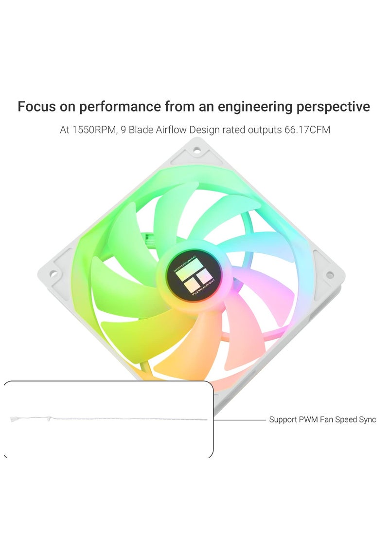 TL-C12CW-S CPU Fan 120mm White ARGB Case Cooler Fan, 4pin PWM Silent Computer Fan with S-FDB Bearing Included, up to 1550RPM Cooling Fan