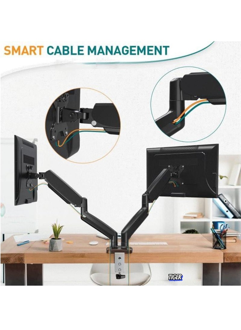 Dual Monitor Arm – Adjustable Gas Spring Ergonomic PC Monitor Stand for 13-32 Inch Monitors, VESA Compatible (75x75/100x100), with C-Clamp & Grommet Base