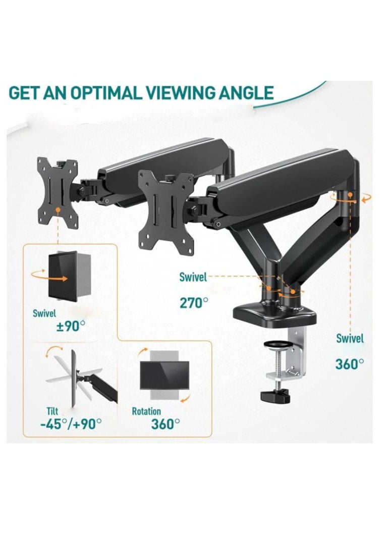 Dual Monitor Arm – Adjustable Gas Spring Ergonomic PC Monitor Stand for 13-32 Inch Monitors, VESA Compatible (75x75/100x100), with C-Clamp & Grommet Base