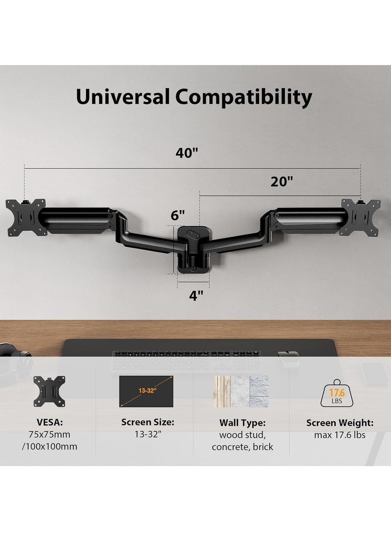 Dual Monitor Wall Mount – Gas Spring Monitor Wall Arm for 17-32 Inch Screens, Holds Up to 18lbs, VESA 75x75/100x100mm, Adjustable Wall-Mounted Monitor Stand for 2 Monitors