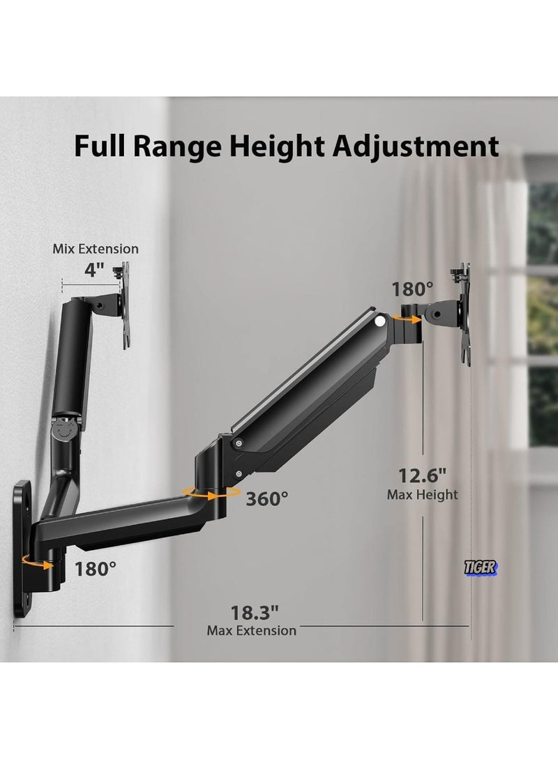 Dual Monitor Wall Mount – Gas Spring Monitor Wall Arm for 17-32 Inch Screens, Holds Up to 18lbs, VESA 75x75/100x100mm, Adjustable Wall-Mounted Monitor Stand for 2 Monitors