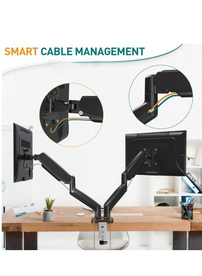 Dual Monitor Arm – Adjustable Gas Spring Ergonomic PC Monitor Stand for 13-32 Inch Monitors, VESA Compatible (75x75/100x100), with C-Clamp & Grommet Base, Flexible and Space-Saving Design