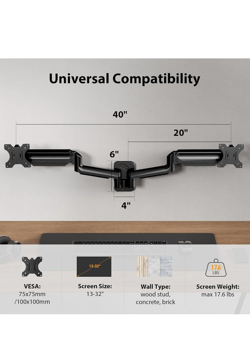 Dual Monitor Wall Mount – Gas Spring Monitor Wall Arm for 17-32 Inch Screens, Holds Up to 18lbs, VESA 75x75/100x100mm, Adjustable Wall-Mounted Monitor Stand for 2 Monitors, Ergonomic Design