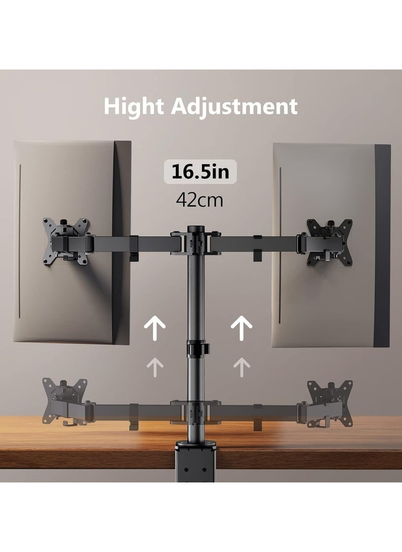 Dual Monitor Stand for 13 to 32 Inch Screens – Adjustable Monitor Arm Mount with Ergonomic Viewing Angle, Tilt ±45°, Swivel 180°, Rotate 360°, VESA 75/100mm