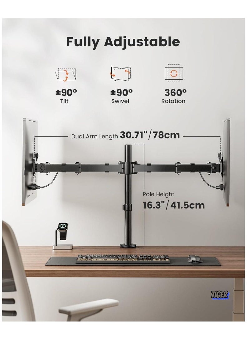 Dual Monitor Stand for 13 to 32 Inch Screens – Adjustable Monitor Arm Mount with Ergonomic Viewing Angle, Tilt ±45°, Swivel 180°, Rotate 360°, VESA 75/100mm