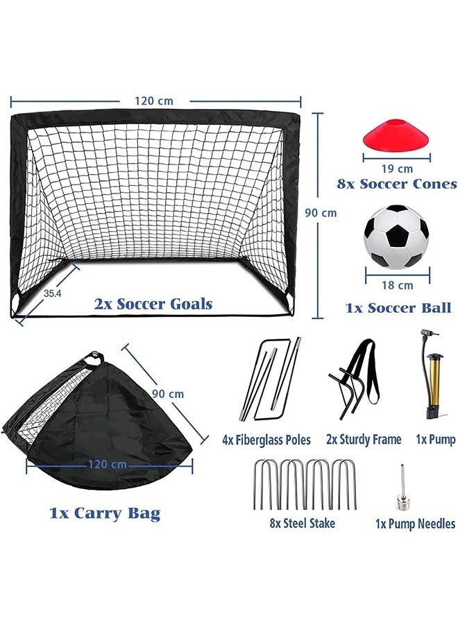 Portable Training Goals,120x90 cm Pop Up Soccer Net for Backyard,Set of 2 With Carry Bag,soccer ball,inflation pump,8 cones and 8 U shaped nails