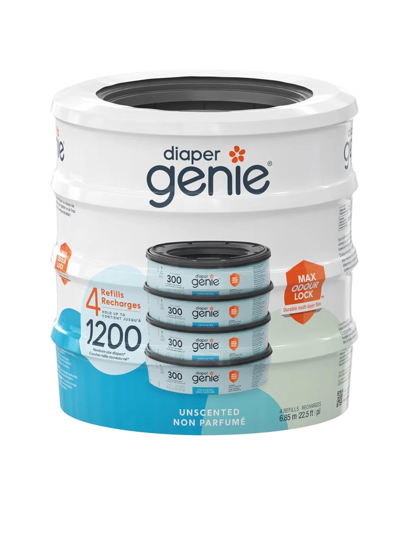 Diaper Genie Diaper Pail Refills, Unscented Pack Of 4 x 300-1200 Count