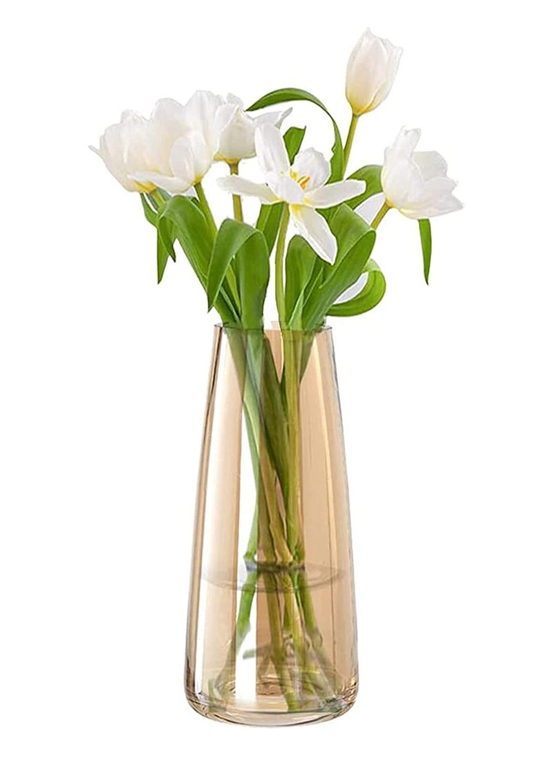 Flower Glass Vase for Decor Home Handmade Modern Large Flower Vases for Centerpieces Living Room Kitchen Office Wedding 8.7 Inch (Amber)