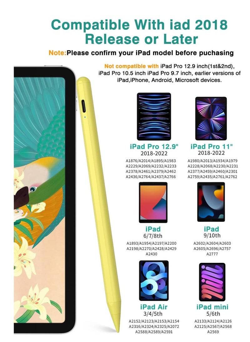 Stylus Pen for iPad with Fast Charging & Palm Rejection, iPad Pencil Compatible with Apple iPad 10/9/8/7/6th Gen, iPad Pro 11&12.9 (2018-2022),iPad Air 3-5th Gen, iPad Mini 5/6th Gen-Yellow