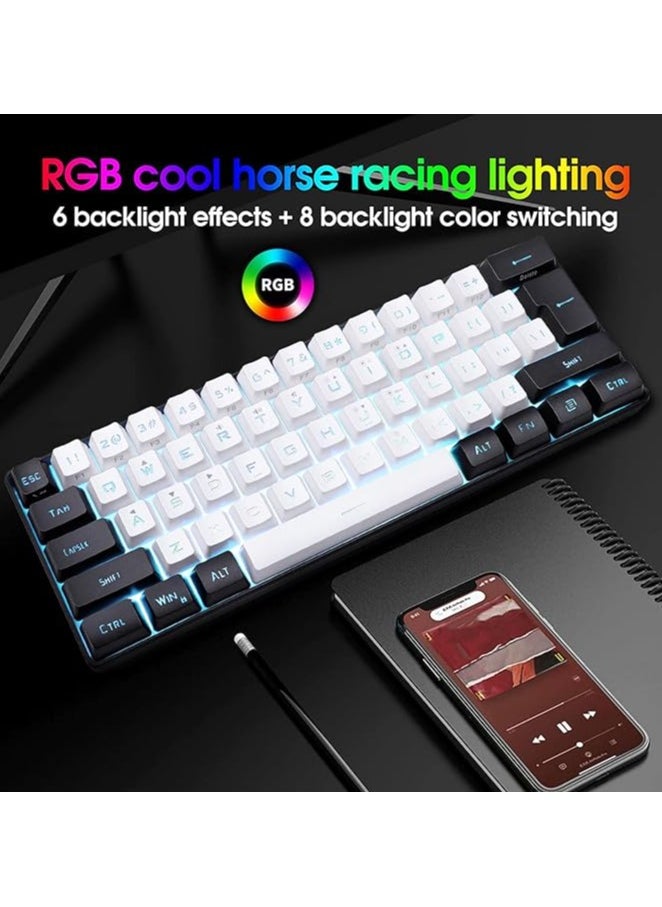 60% Mini RGB Keyboard, 61 Keys LED Backlight Ergonomic Mechanical Feeling Wired Gaming Keyboard for Office Business Gaming (White)