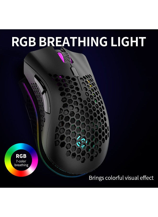 2.4G Wireless Gaming Mouse Rechargeable Mouse with RGB Light Effect 3 Adjustable DPI Hollowed-out Honeycomb Design White