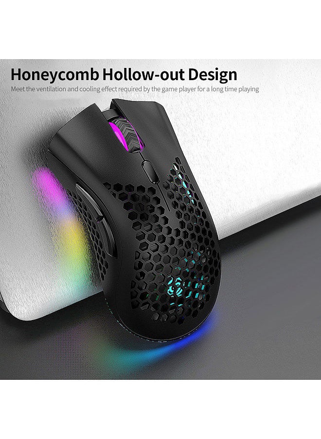 2.4G Wireless Gaming Mouse Rechargeable Mouse with RGB Light Effect 3 Adjustable DPI Hollowed-out Honeycomb Design White