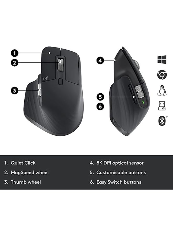 MX Master 3S for Business, Wireless Mouse with Quiet Clicks, 8K DPI, Secured Logi Bolt USB Receiver, Bluetooth, USB-C charging, MagSpeed Scrolling, Windows/Mac/Chrome/Linux - Grey Black