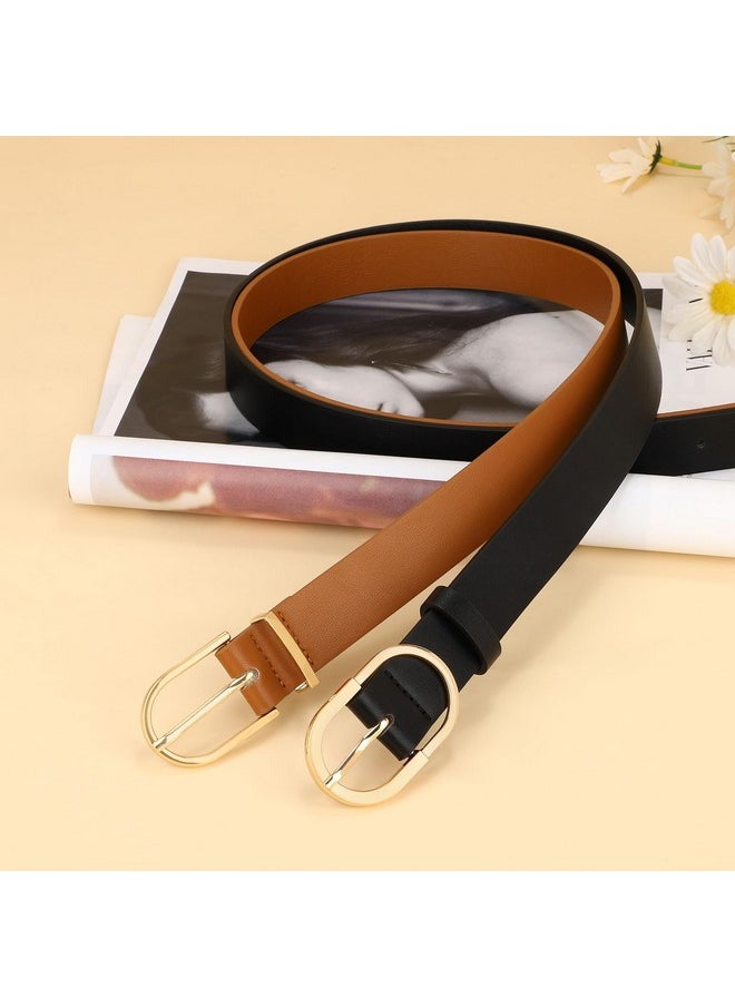 2 Pack Women'S Leather Belts For Jeans Pants Dress Fashion Gold Buckle Ladies Waist Belt