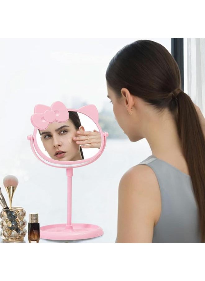 Desk Makeup Mirror, Mirror in Cute Pink Cat Ears Shape, Rotatable Double Sided Makeup Mirror,with Makeup Storage Stand,for Women and Girl Bedroom Bathroom Vanity Mirror (3pcs)