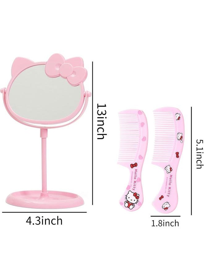 Desk Makeup Mirror, Mirror in Cute Pink Cat Ears Shape, Rotatable Double Sided Makeup Mirror,with Makeup Storage Stand,for Women and Girl Bedroom Bathroom Vanity Mirror (3pcs)