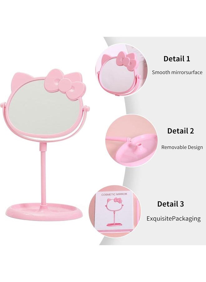 Desk Makeup Mirror, Mirror in Cute Pink Cat Ears Shape, Rotatable Double Sided Makeup Mirror,with Makeup Storage Stand,for Women and Girl Bedroom Bathroom Vanity Mirror (3pcs)