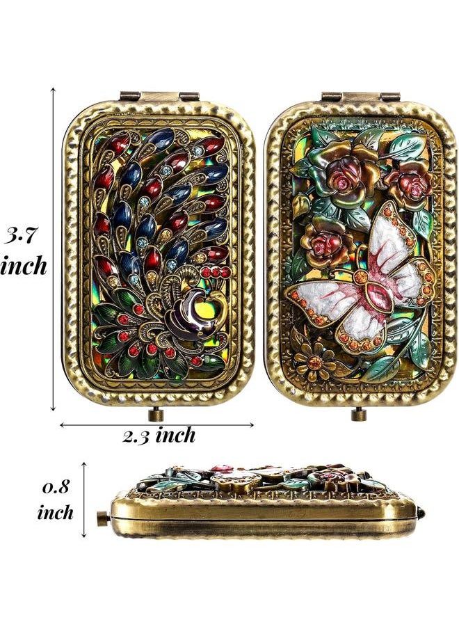 2 Pcs Vintage Foldable Makeup Mirror, Portable Cosmetic Pocket Mirror, Double Sided Butterfly Peacock Vanity Mirror, Metal Compact Small Folding Travel Mirror for Woman Girls