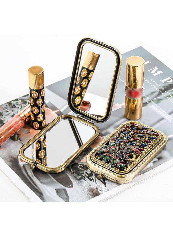 2 Pcs Vintage Foldable Makeup Mirror, Portable Cosmetic Pocket Mirror, Double Sided Butterfly Peacock Vanity Mirror, Metal Compact Small Folding Travel Mirror for Woman Girls