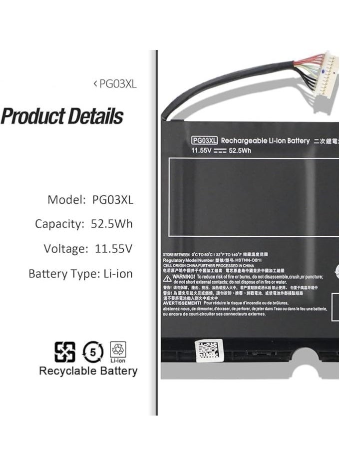 New Replacement PG03XL Laptop Battery for HP Pavilion Gaming 15-dk0xxx 15-dk1xxx 15-dk2xxx 15-ec0xxx 15-ec1xxx 15-ec2xxx 16-a0xxx 15-dk0015la 15-dk0001la 15-dk0007ng HSTNN-DB9G L48430-2B2