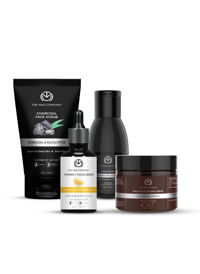 The Man Company Face on Point Facial Kit with Vitamin C Serum, Charcoal Face Wash & Face Scrub, daily Moisturizing Cream | Soft & Supple Skin | Gift Set for Him