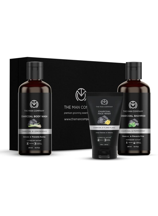 The Man Company Charcoal Care Trio Gift Set| Charcoal Shampoo 250ml, Charcoal Face Wash 100ml, Charcoal Body Wash 250ml | Hair Growth, Detox Skin, Removes Toxins, Antioxidant