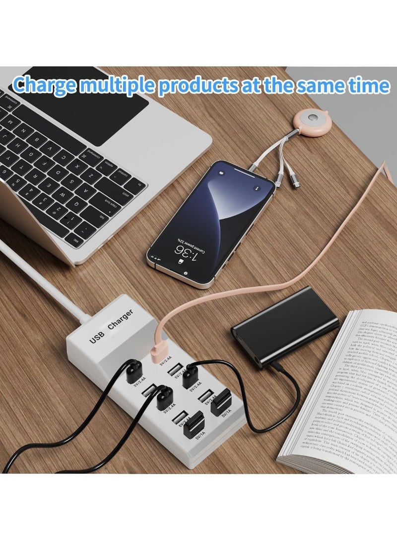 USB Charging Station - 10 Ports USB Charger Dock with 70.8 Inch Extension Cord, Multi-Device Charging for Phones, Cameras, Bluetooth Headsets (2PC)