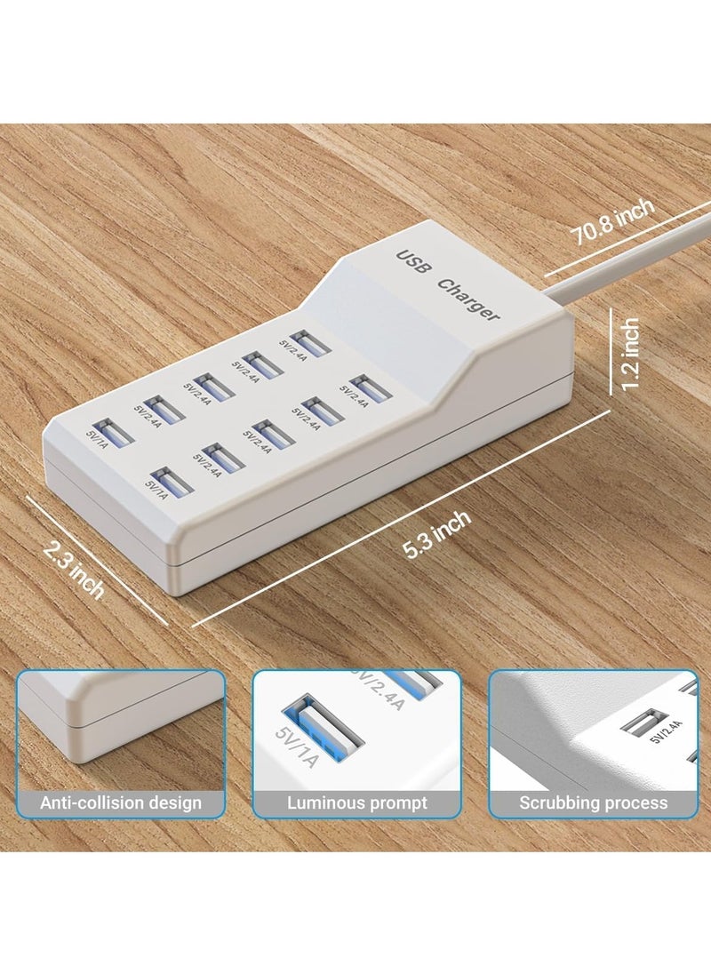 USB Charging Station - 10 Ports USB Charger Dock with 70.8 Inch Extension Cord, Multi-Device Charging for Phones, Cameras, Bluetooth Headsets (2PC)