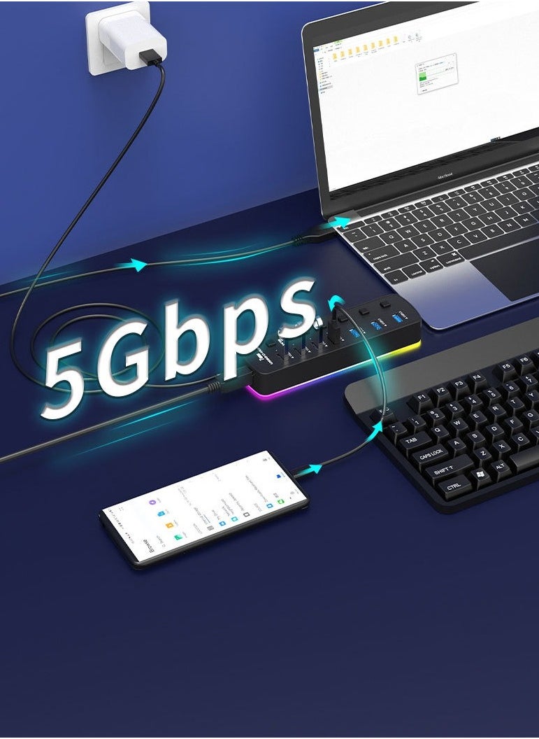7-in-1 USB Hub with RGB Lighting & Individual Switch Control