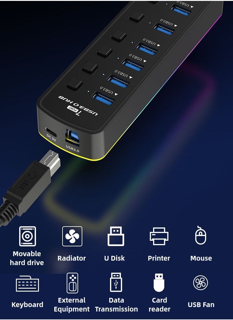 7-in-1 USB Hub with RGB Lighting & Individual Switch Control
