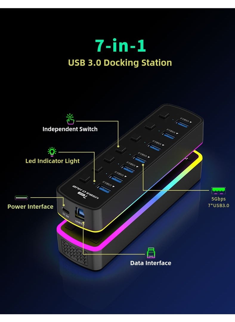 7-in-1 USB Hub with RGB Lighting & Individual Switch Control