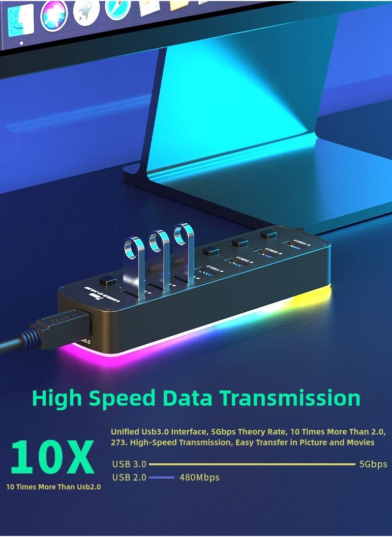 7-in-1 USB Hub with RGB Lighting & Individual Switch Control