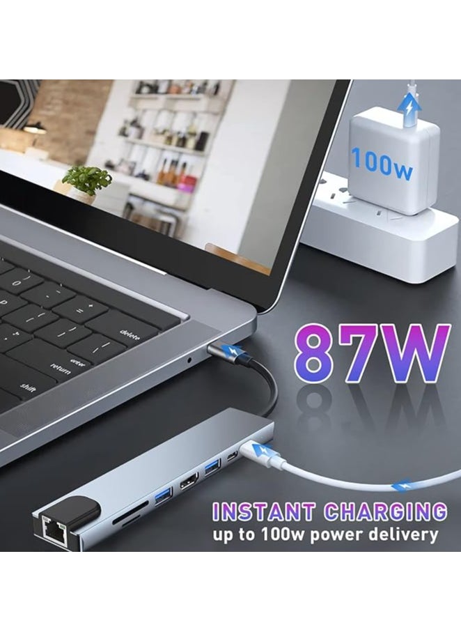 USB C HUB, 8 in 1 USB C Adapter with 4K HDMI, 100W PD, USB C Port, USB 3.0, RJ45 Ethernet, SD/TF Card Reader, Docking Station Compatible with MacBook Pro/Air USB C Laptops and Other Type C Devices