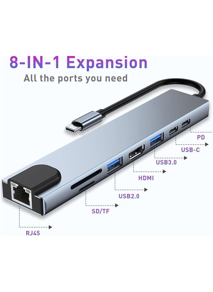 USB C HUB, 8 in 1 USB C Adapter with 4K HDMI, 100W PD, USB C Port, USB 3.0, RJ45 Ethernet, SD/TF Card Reader, Docking Station Compatible with MacBook Pro/Air USB C Laptops and Other Type C Devices