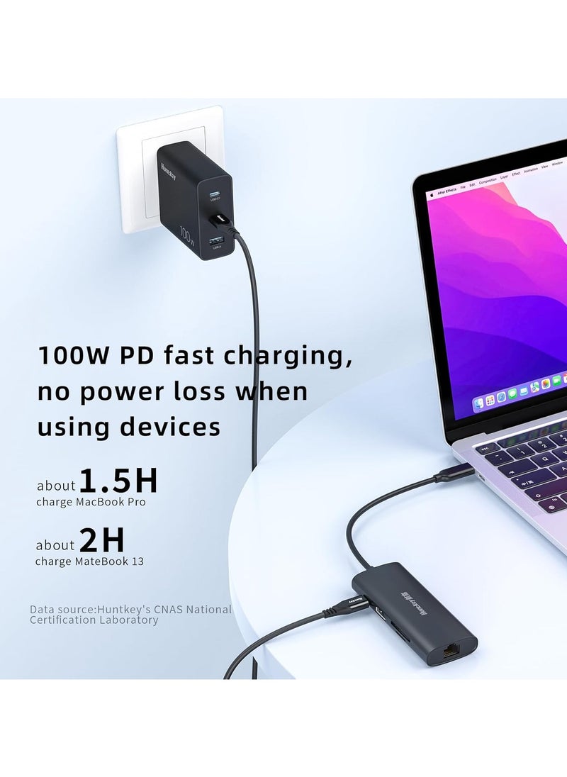 Huntkey USB C Hub 8 in 1-Docking Station,with 4K HDMI and100 W PD Port,SD/TF 2USB Port and USB A Data Ports for Windows/Laptop Dual Monitor/MacBook Pro