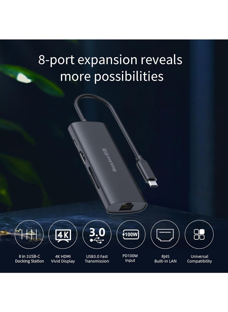 Huntkey USB C Hub 8 in 1-Docking Station,with 4K HDMI and100 W PD Port,SD/TF 2USB Port and USB A Data Ports for Windows/Laptop Dual Monitor/MacBook Pro