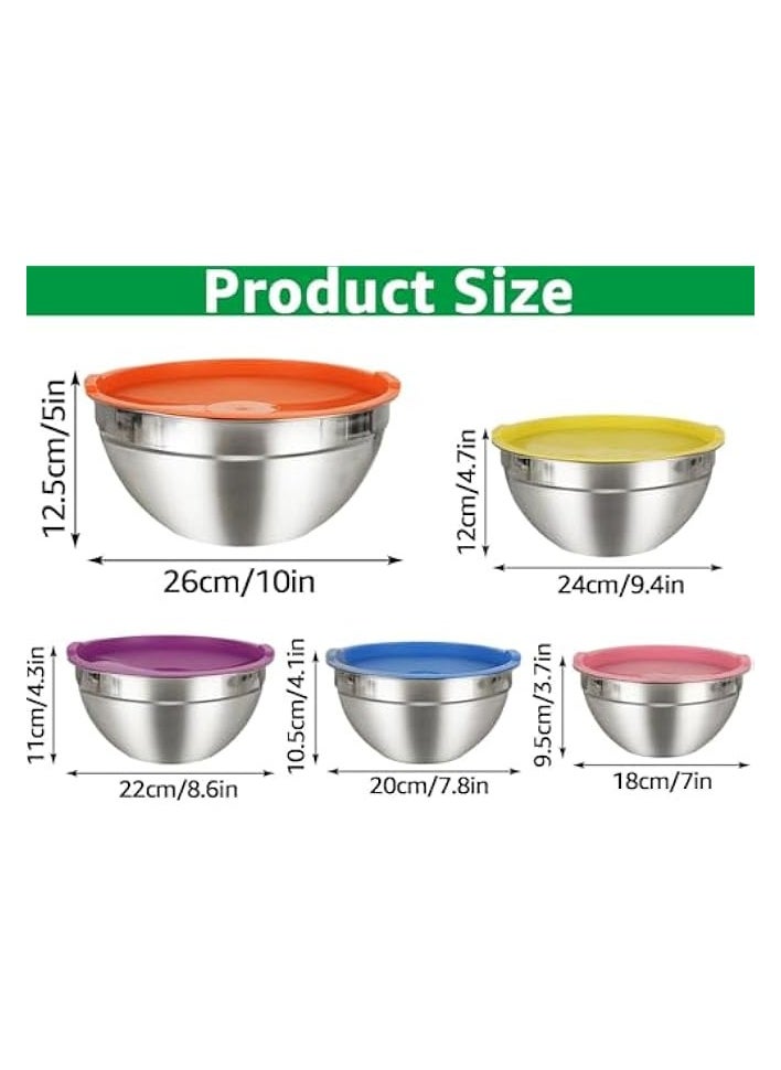 Stainless Steel Mixing Bowls with Airtight Lids, 5 Piece Nesting Salad Bowls for Space-Saving Storage, Metal Serving Bowl for Kitchen Baking/Cooking/Prepping, Size 18, 20,22, 24, 26cm