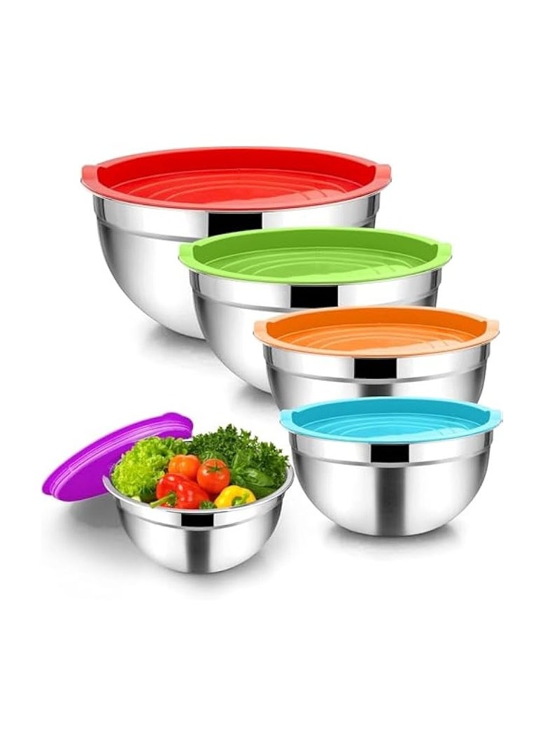 Stainless Steel Mixing Bowls with Airtight Lids, 5 Piece Nesting Salad Bowls for Space-Saving Storage, Metal Serving Bowl for Kitchen Baking/Cooking/Prepping, Size 18, 20,22, 24, 26cm