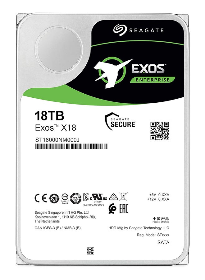 Exos X18 18TB Enterprise HDD - CMR 3.5 Inch Hyperscale SATA 6Gb/s, 7200 RPM, 512e and 4Kn FastFormat, Low Latency with Enhanced Caching (ST18000NM000J) 1.8 TB