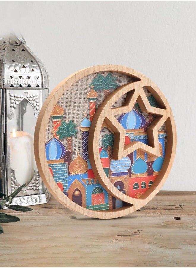 Ramadan Decorations for Home - 29.5cm Serving Tray Holder Eid Mubarak Religious Painting Cupcake Food Candy Plates Wooden Decorations for Family Party Gift