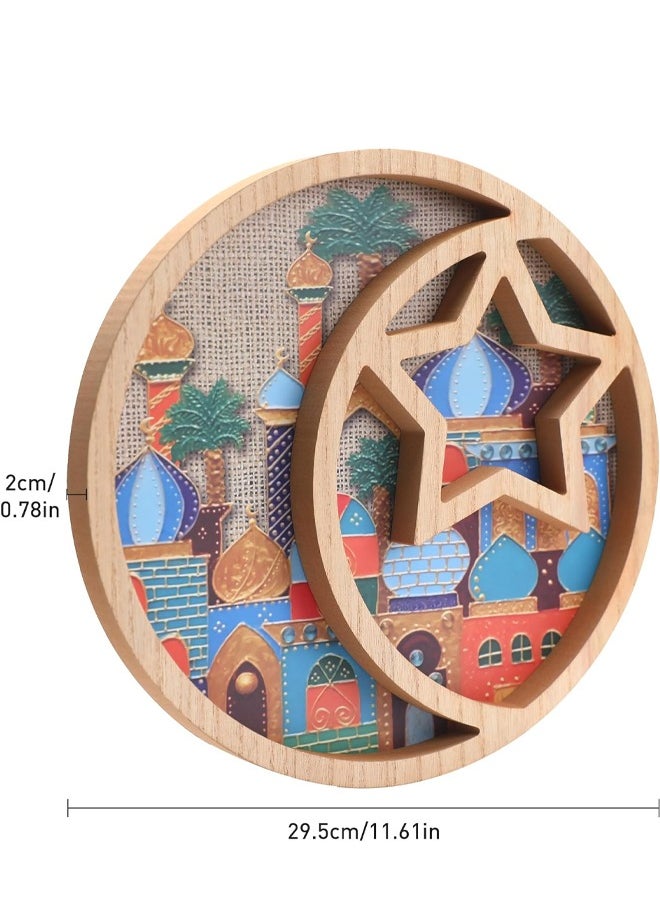 Ramadan Decorations for Home - 29.5cm Serving Tray Holder Eid Mubarak Religious Painting Cupcake Food Candy Plates Wooden Decorations for Family Party Gift