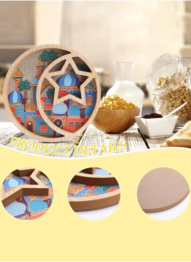 Ramadan Decorations for Home - 29.5cm Serving Tray Holder Eid Mubarak Religious Painting Cupcake Food Candy Plates Wooden Decorations for Family Party Gift